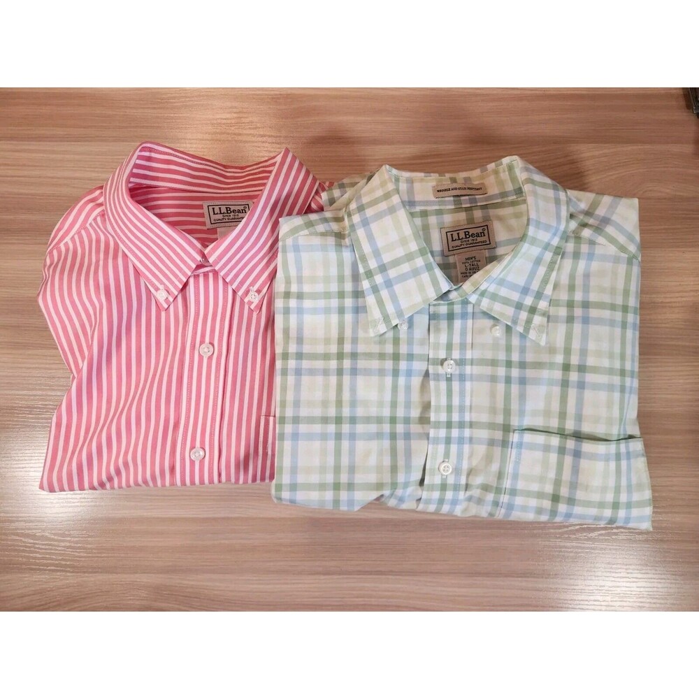 LL Bean Men’s Size Large TALL Lot of 2‎ button down shirt S/S Plaid Stripe